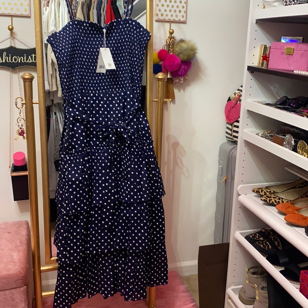 New Tory Burch ruffle hem, polka dot, summer dress. Sz L, blue and white.